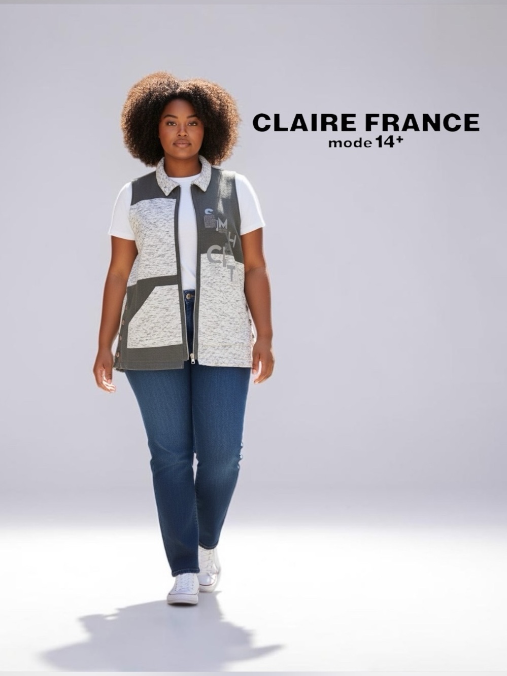 Claire France 3X Zip Front Vest Plus Size, Gray White Stretch Tunic Vest